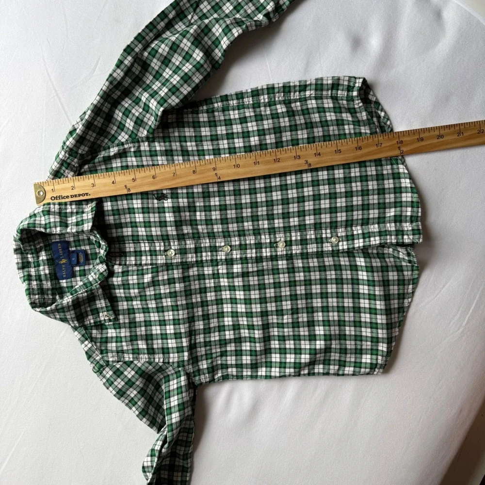 Ralph Lauren Boys Green White Plaid Button Down Shirt Size 5 Long Sleeve Cotton